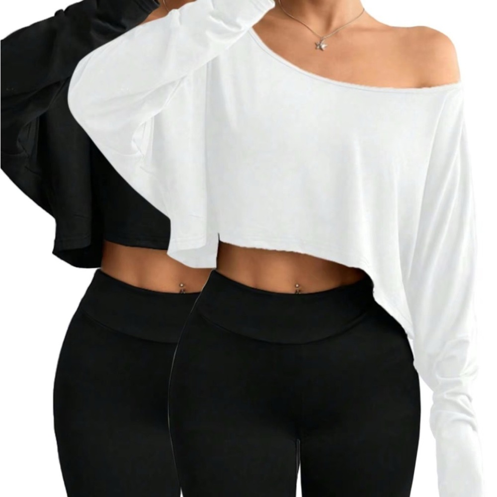 Women's Off-Shoulder Black and White Crop Sweater
